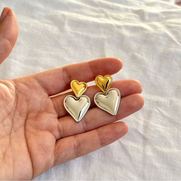 Puffed Double Hearts Gold/Silver Valentine's Earrings OS - Picture 6 of 8
